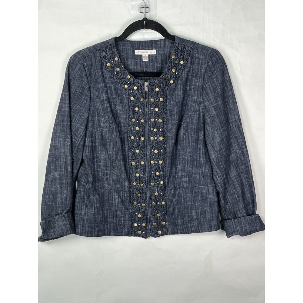 JM Collection Womens Jacket Blue Denim Studded Long Sleeve Size 6P Business Chic